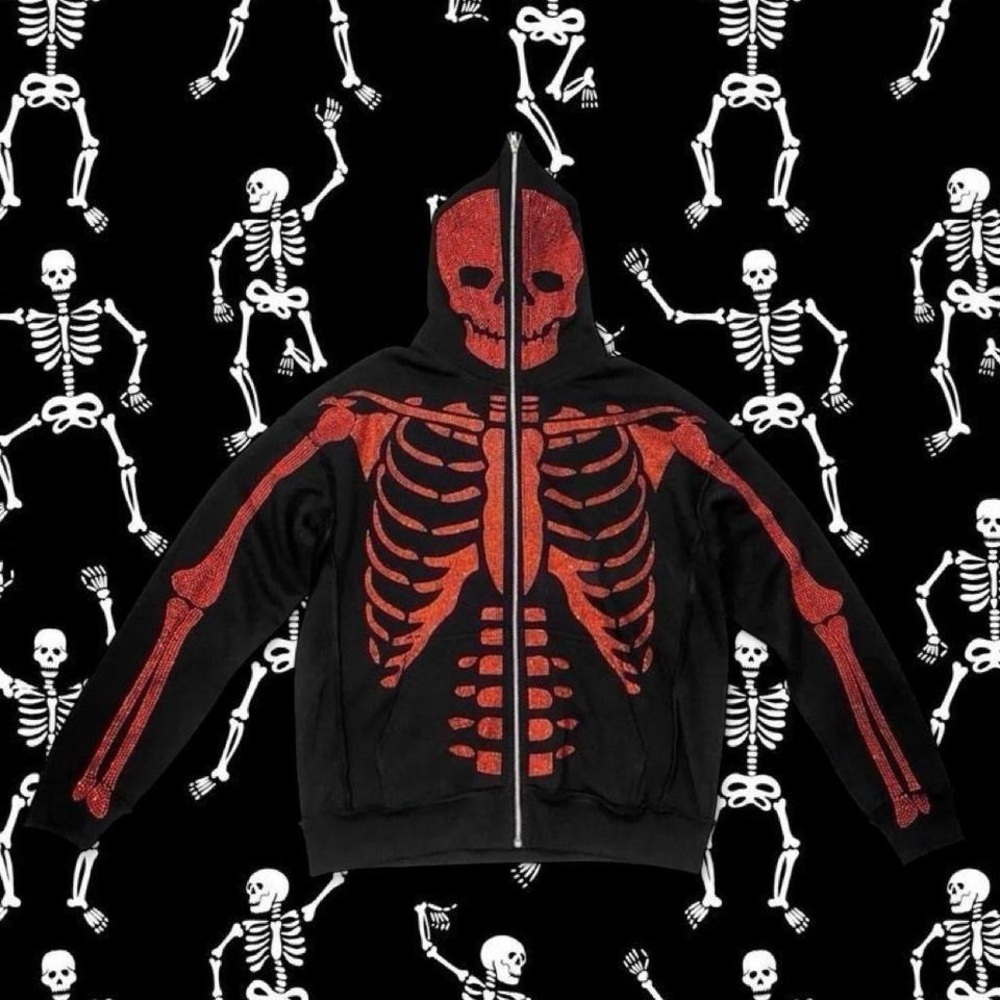 Black and Red Skeleton Rhinestone Hoodie